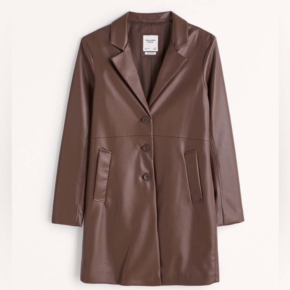 Abercrombie Long Length Vegan Leather Coat Size Small Dark Brown